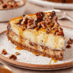 A slice of cheesecake with a crumbly crust, topped with chopped pecans and drizzled with caramel and chocolate sauce, sits on a ceramic plate.