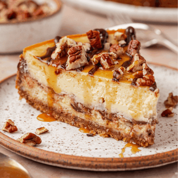 A slice of cheesecake with a crumbly crust, topped with chopped pecans and drizzled with caramel and chocolate sauce, sits on a ceramic plate.