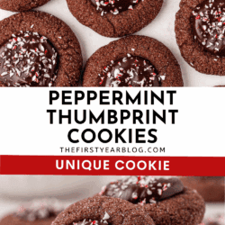 Close-up of chocolate peppermint thumbprint cookies with a glossy chocolate center, sprinkled with crushed peppermint, arranged in rows and stacked on a plate. Text overlay reads Peppermint Thumbprint Cookies.