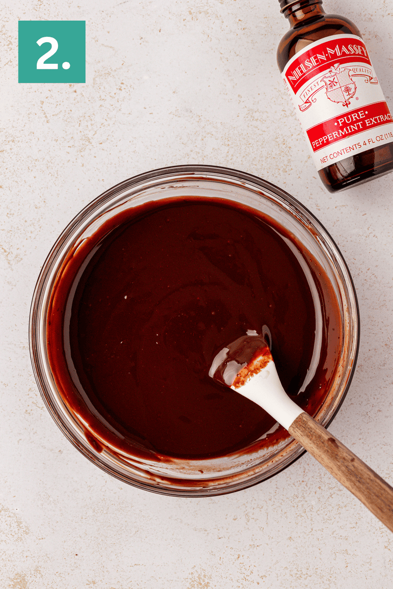 A bowl of glossy chocolate mixture with a spatula, next to a bottle of peppermint extract. A green box labeled 2. is in the top left corner.