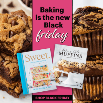 A promotional image features brownies and muffins, two baking cookbooks, and the text: Baking is the new Black Friday. Shop Black Friday. Bold pink and black colors highlight the Black Friday baking theme.