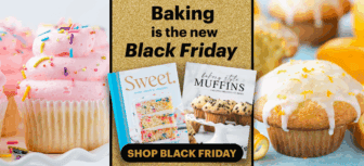 Colorful cupcakes with pink frosting and sprinkles on the left, lemon-glazed muffins on the right, and two baking books in the center with the text Baking is the new Black Friday. Shop Black Friday.