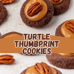 Chocolate thumbprint cookies topped with caramel and a pecan half, displayed on a white surface. One cookie has a bite taken out, revealing a soft interior. Text reads Turtle Thumbprint Cookies and thefirstyearblog.com.