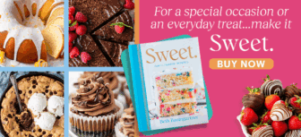 A cookbook titled Sweet by Beth Baumgartner is surrounded by images of cakes, cookies, cupcakes, and chocolate-dipped strawberries. Text reads: For a special occasion or an everyday treat...make it Sweet. BUY NOW.