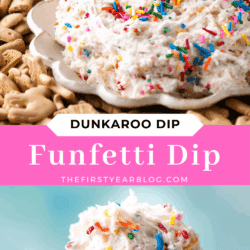 A hand dips a cookie into a bowl of colorful funfetti dip topped with rainbow sprinkles, surrounded by cookies and peanuts. Below, a spoonful of the sprinkle-covered dip is shown close-up. Text reads Dunkaroo Dip Funfetti Dip.
