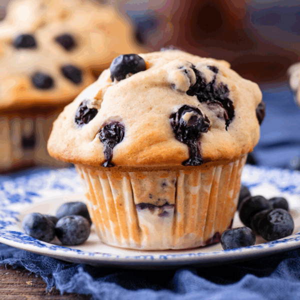 A freshly baked blueberry muffin sits on a decorative blue and white plate, with whole blueberries scattered around it. The muffin is golden brown with visible blueberries baked inside.