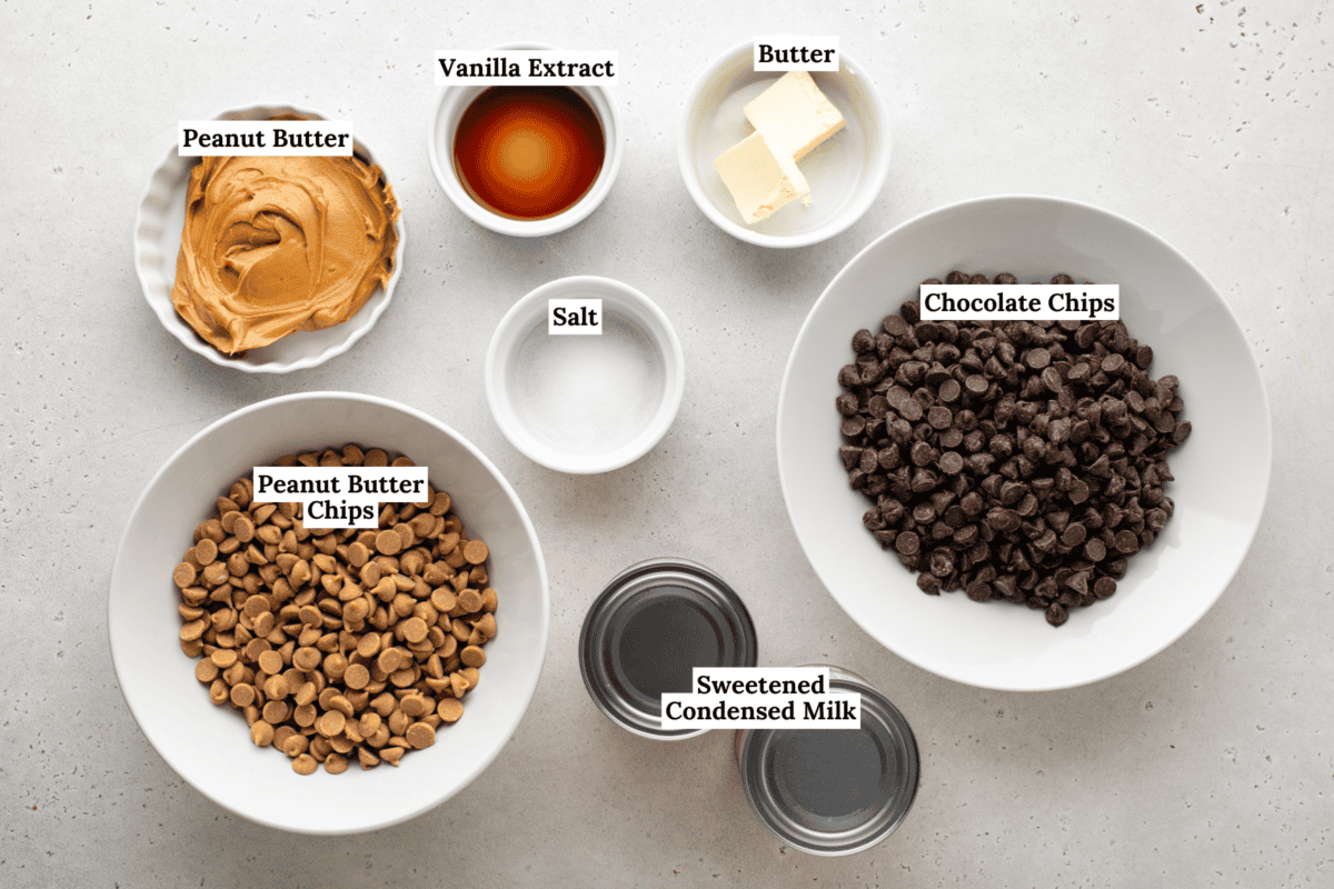 Seven labeled bowls and cans on a white surface contain peanut butter, peanut butter chips, vanilla extract, salt, butter, chocolate chips, and sweetened condensed milk.