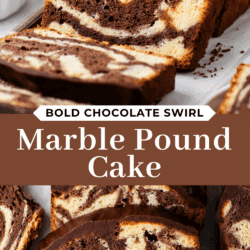 A sliced marble pound cake with bold chocolate swirls and a chocolate glaze on top, displayed on a wooden board. The cake has a distinct marbled pattern and rich, moist texture. Text reads: “Bold Chocolate Swirl Marble Pound Cake.”.