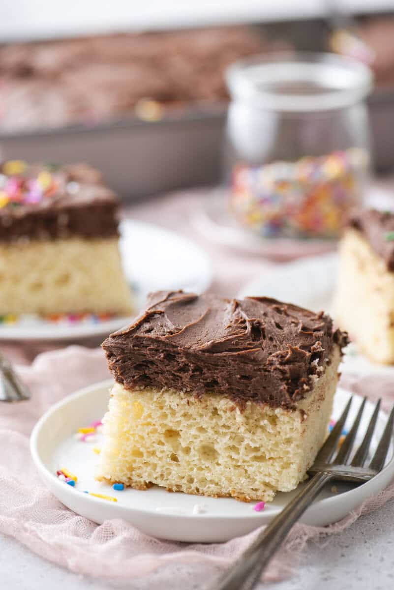 A square slice of vanilla cake with thick chocolate frosting sits on a white plate, topped with colorful sprinkles. A fork rests beside the cake, and more cake and sprinkles are visible in the background.