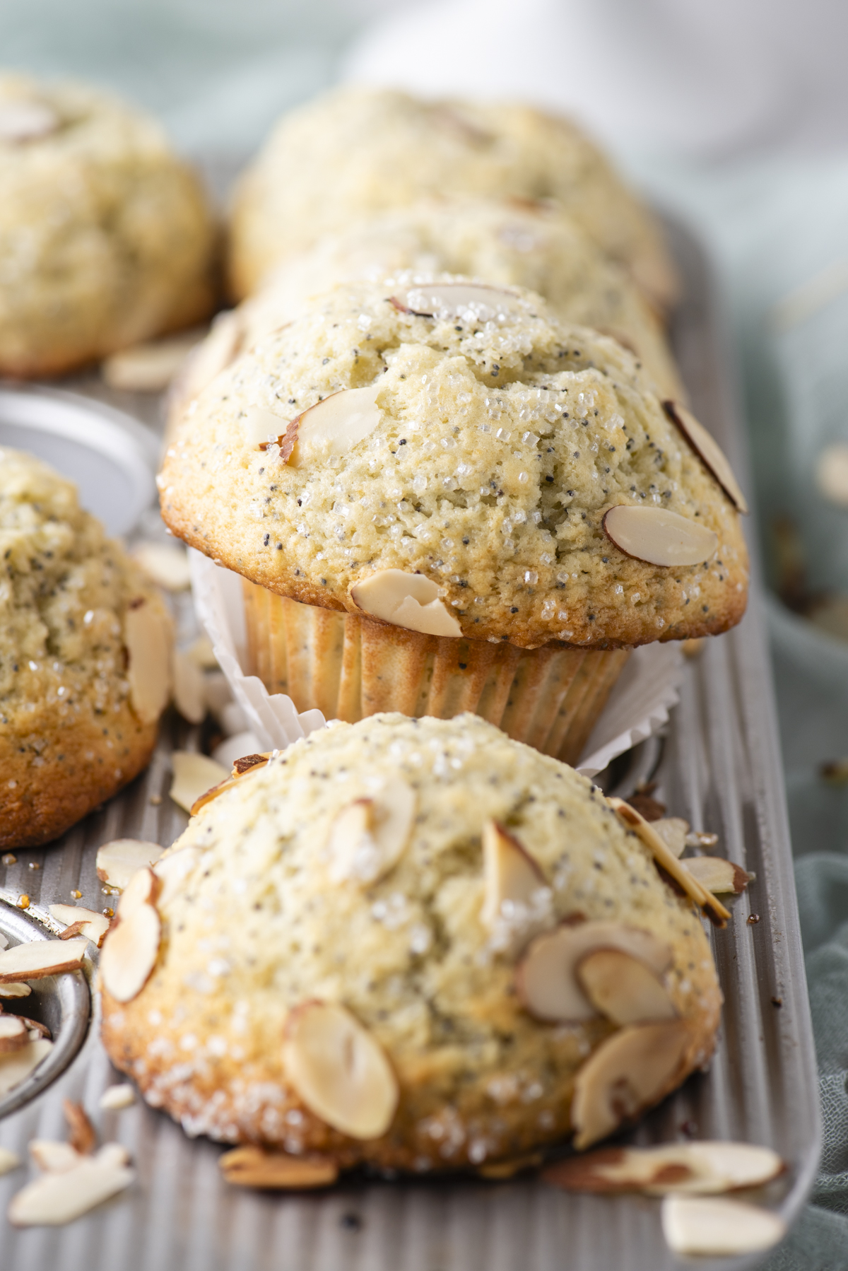 Freshly baked almond poppy seed muffins in a metal muffin tray, topped with sliced almonds and sugar crystals, with a soft and moist texture visible.