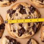 A large chocolate chip cookie on parchment paper is being measured with a yellow tape measure, showing its diameter is about 5.5 inches. Other cookies surround it.