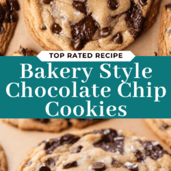 Close-up photos of large, bakery-style chocolate chip cookies with gooey chocolate chunks. A yellow tape measure shows the cookie’s diameter. Text reads: “Top Rated Recipe: Bakery Style Chocolate Chip Cookies.”.