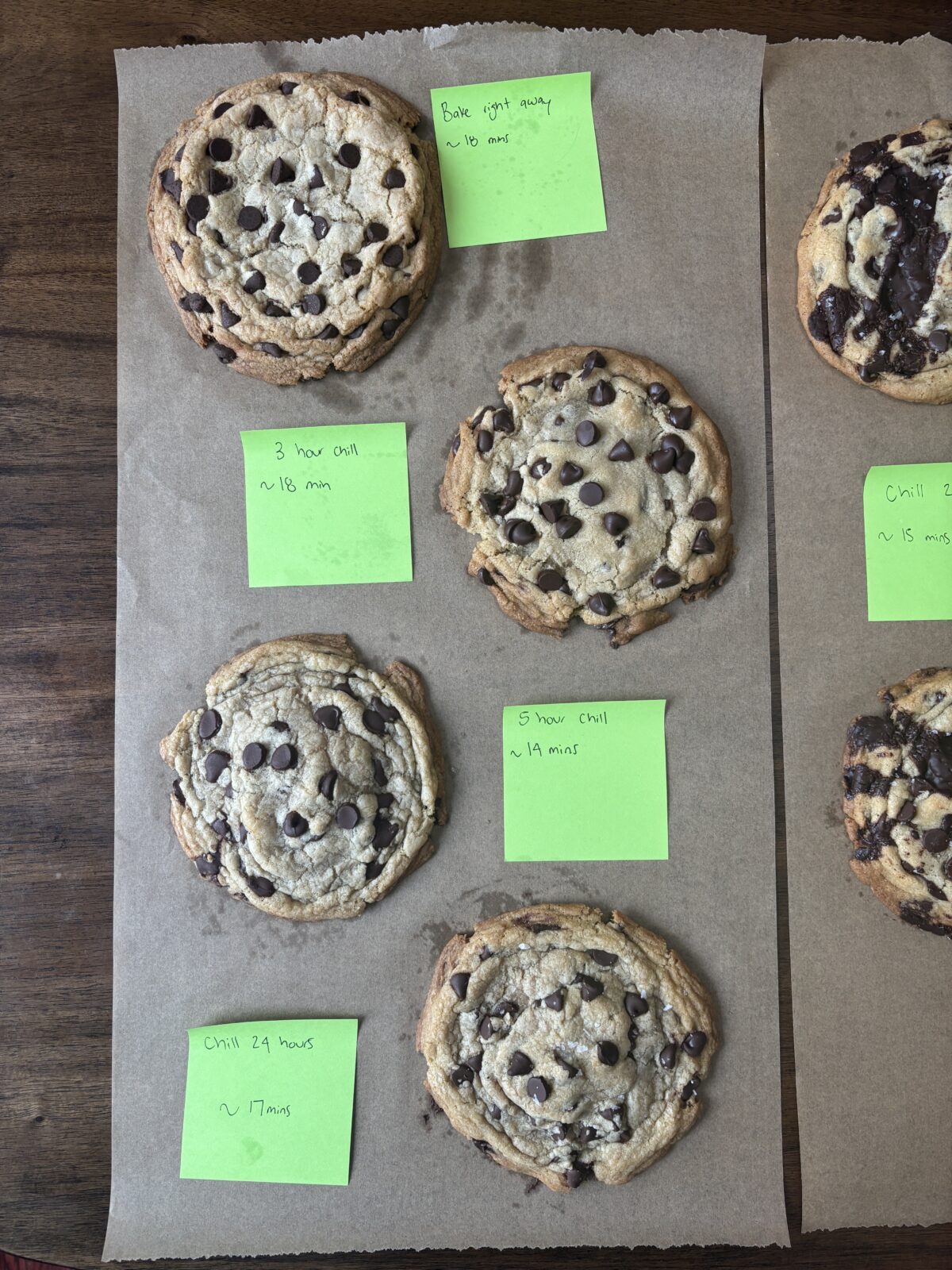 Four chocolate chip cookies on parchment paper, each with a green sticky note indicating different chilling times before baking: no chill, 3 hours, 8 hours, and 24 hours. The cookies vary in appearance and texture.