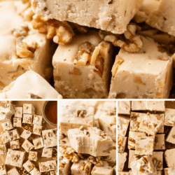 Close-up shots of creamy, light brown maple nut fudge squares topped with walnuts, arranged in stacks and rows. Text overlay reads: “Stove Top Fudge - Maple Nut Fudge.”.