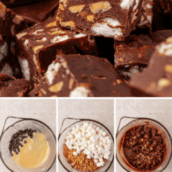 Close-up images of rocky road fudge, showing chocolate pieces with nuts and marshmallows. Below, step-by-step photos display chocolate chips and sweetened milk, marshmallows and peanuts, and the mixed fudge in a bowl. Text reads: Microwave Fudge Rocky Road Fudge.