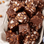A tray filled with chocolate rocky road squares, showing chunks of marshmallows and peanuts mixed into the chocolate.