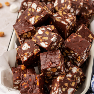 A tray filled with chocolate rocky road squares, showing chunks of marshmallows and peanuts mixed into the chocolate.