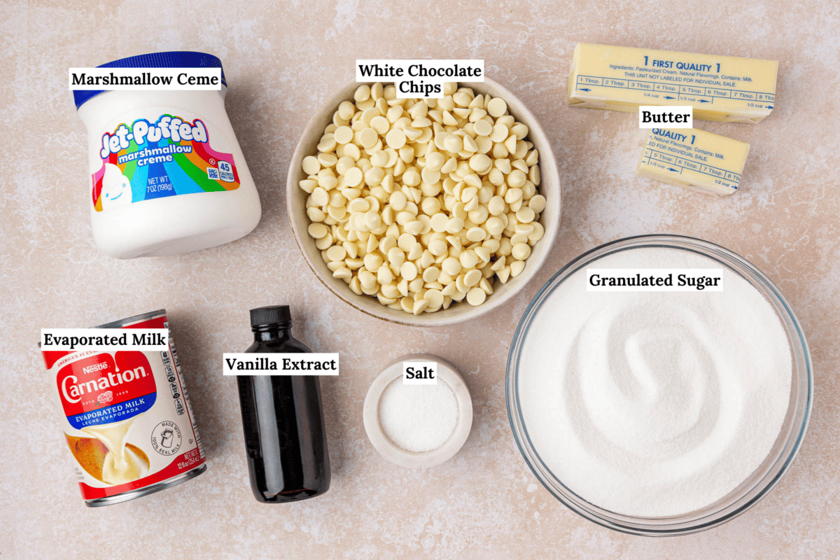Top-down view of fudge ingredients: marshmallow creme, white chocolate chips, butter sticks, granulated sugar, evaporated milk, vanilla extract, and a small bowl of salt, each labeled with text.