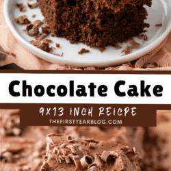 A square slice of chocolate cake with chocolate frosting and chocolate curls sits on a white plate, with the rest of the cake shown sliced in a pan below. Text reads: Chocolate Cake, 9x13 Inch Recipe, thefirstyearblog.com.