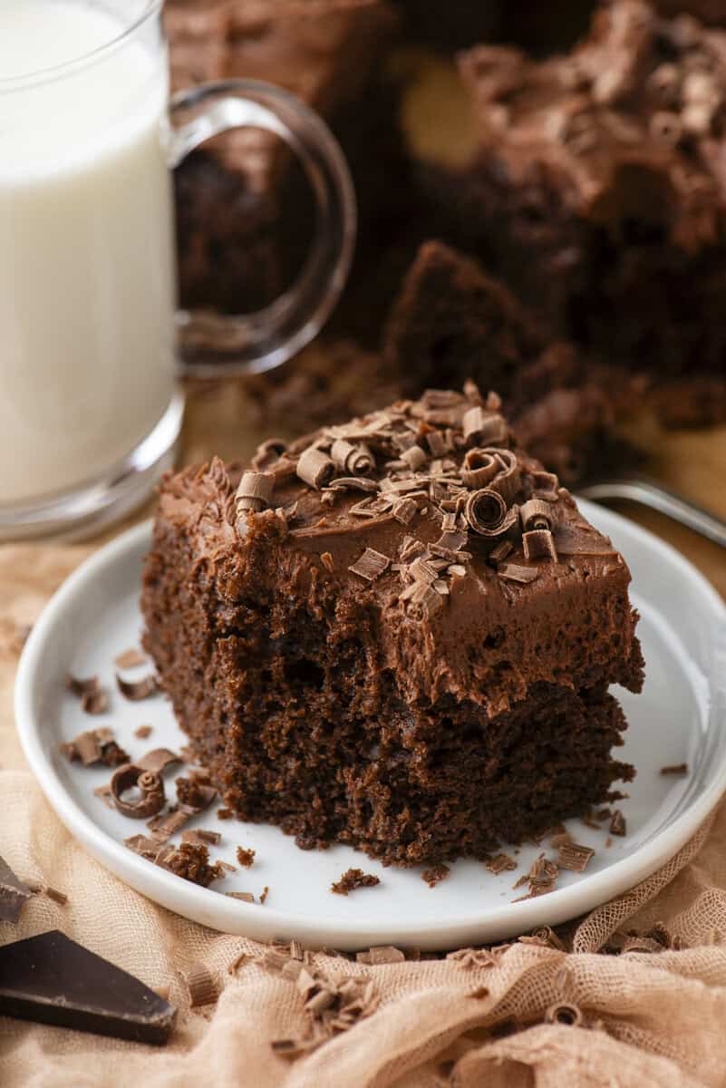 A piece of moist chocolate cake with chocolate frosting and curls sits on a white plate next to a glass mug of milk. More cake and chocolate shavings are visible in the background.