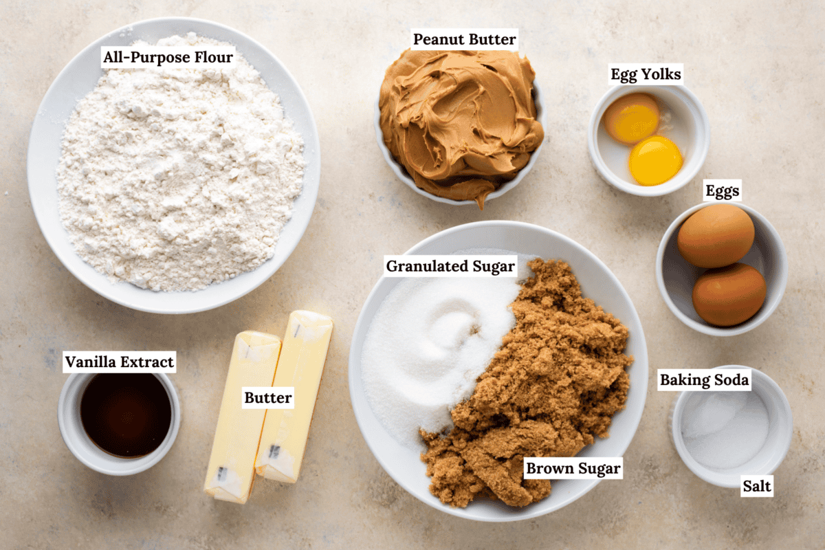 Top-down view of labeled baking ingredients in bowls and dishes, including all-purpose flour, peanut butter, egg yolks, eggs, granulated sugar, brown sugar, butter, vanilla extract, baking soda, and salt.
