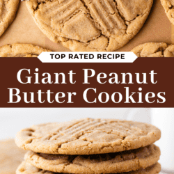 Close-up of oversized peanut butter cookies, one being measured with a tape at about 5 inches, stacked on parchment and a plate; text reads Giant Peanut Butter Cookies from thefirstyearblog.com.