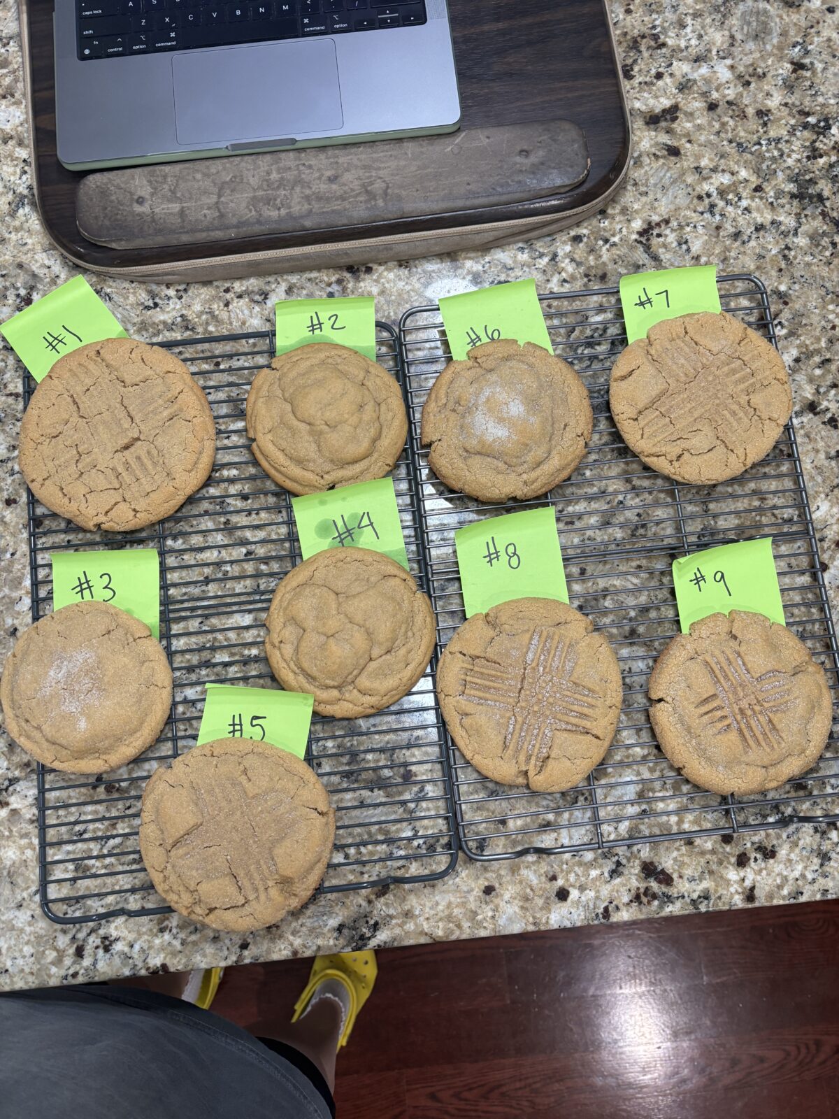 Ten Giant Peanut Butter Cookies, each on a cooling rack and labeled with green numbered notes from 1 to 9, are displayed on a kitchen counter. A laptop is partially visible above the cookies.
