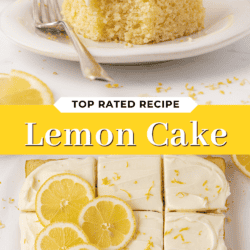 Lemon sheet cake with white frosting, garnished with lemon slices and zest. One slice is served on a plate with a fork, and whole lemons are in the background. Text reads Top Rated Recipe Lemon Cake.