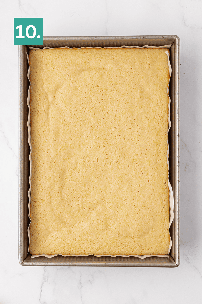 A golden, rectangular sponge cake in a parchment-lined square baking pan, viewed from above. A green box with the number 10 is in the top left corner of the image.