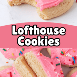 A soft sugar cookie with pink frosting and rainbow sprinkles, partially eaten, shown above a stack of similar cookies with Lofthouse Cookies text in the center.