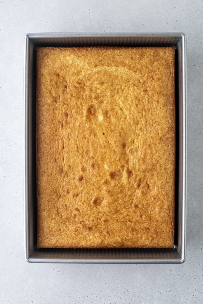 A freshly baked golden brown square cake in a metal baking pan, viewed from above on a light gray surface.