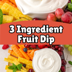 A hand dips a slice of watermelon into a bowl of creamy fruit dip, surrounded by assorted fresh fruits like strawberries, pineapple, grapes, and blueberries. Text reads 3 Ingredient Fruit Dip.