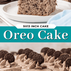A 9x13 inch Oreo cake topped with Oreo cookies and swirls of chocolate frosting, with a piece sliced and served on a plate. The cake has visible Oreo pieces inside.