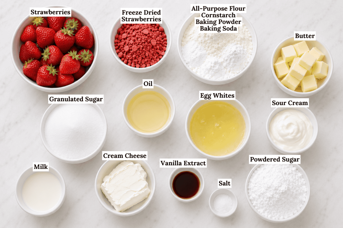 Bowls of baking ingredients labeled: strawberries, freeze dried strawberries, flour mixture, butter, oil, granulated sugar, egg whites, sour cream, milk, cream cheese, vanilla extract, powdered sugar, and salt, on a white surface.