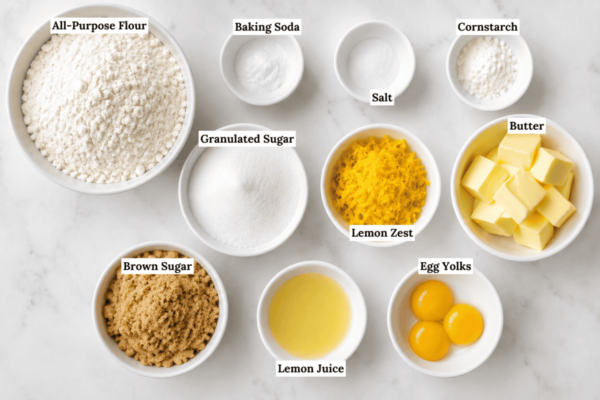 Top-down view of labeled baking ingredients in bowls: all-purpose flour, baking soda, cornstarch, salt, granulated sugar, brown sugar, lemon zest, lemon juice, butter cubes, and three egg yolks on a white surface.