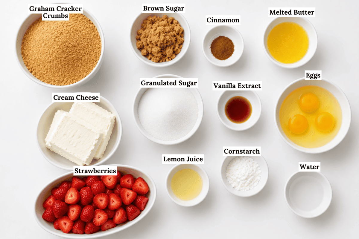 Bowls containing labeled cheesecake ingredients: graham cracker crumbs, brown sugar, cinnamon, melted butter, cream cheese, strawberries, granulated sugar, lemon juice, vanilla extract, cornstarch, eggs, and water, arranged on a white surface.