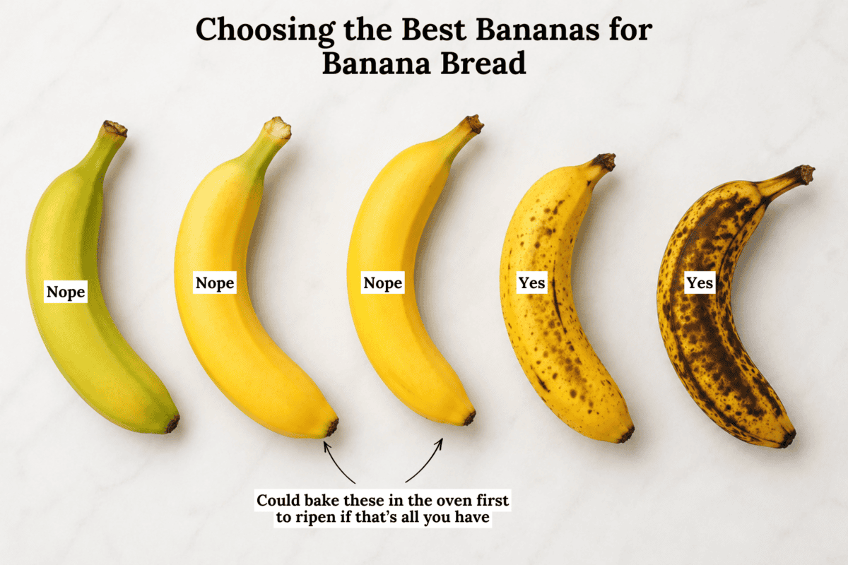 Four bananas from green to very brown, labeled to show which are best for banana bread. The two ripest bananas (brown-spotted and blackened) are labeled Yes, while the less ripe ones are labeled Nope.