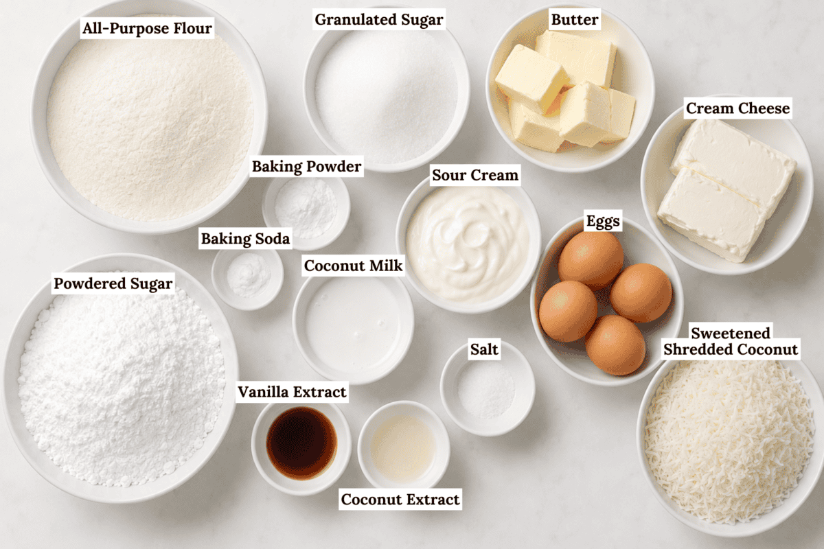 Bowls of baking ingredients labeled as all-purpose flour, granulated sugar, butter, cream cheese, sour cream, eggs, sweetened shredded coconut, salt, coconut extract, vanilla extract, coconut milk, baking soda, baking powder, and powdered sugar.