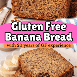 Two images of sliced gluten free banana bread are shown, with text overlay reading “Gluten Free Banana Bread with 20 years of GF experience.” Slices of banana and a mug are visible as garnishes.