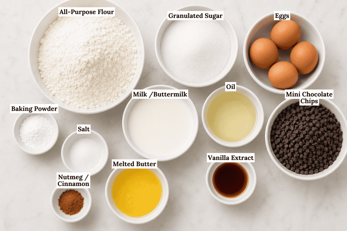 A top-view of bowls containing labeled ingredients: all-purpose flour, granulated sugar, eggs, mini chocolate chips, oil, vanilla extract, melted butter, milk or buttermilk, baking powder, salt, and nutmeg or cinnamon.