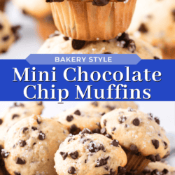 A close-up of golden brown mini chocolate chip muffins, some stacked, topped with chocolate chips and sugar, displayed in bakery style with a blue label reading “Mini Chocolate Chip Muffins.”.