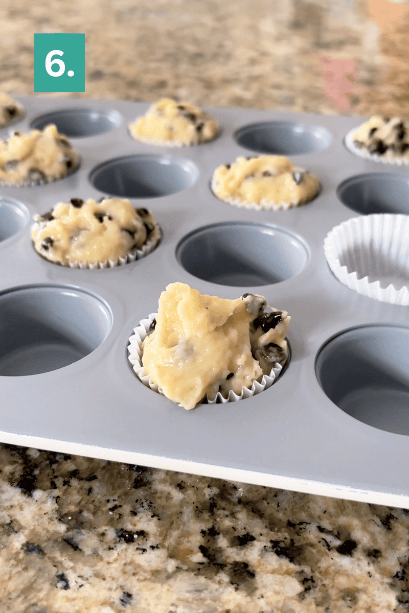 A muffin tin filled with paper liners and scoops of chocolate chip muffin batter sits on a granite countertop. A green box with the number 6 is in the top left corner.