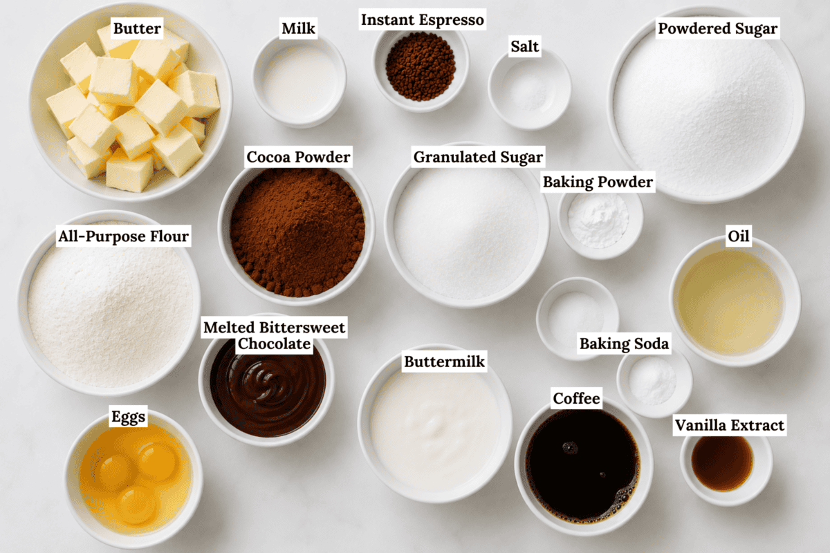 Various labeled baking ingredients in white bowls on a white surface, including butter, milk, espresso, salt, powdered sugar, flour, cocoa powder, granulated sugar, baking powder, oil, eggs, chocolate, buttermilk, coffee, baking soda, and vanilla.