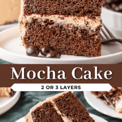 Two slices of layered mocha cake with mocha frosting sit on white plates, garnished with chocolate-covered coffee beans. The cake appears moist and rich, with a light brown creamy frosting between layers and on top.