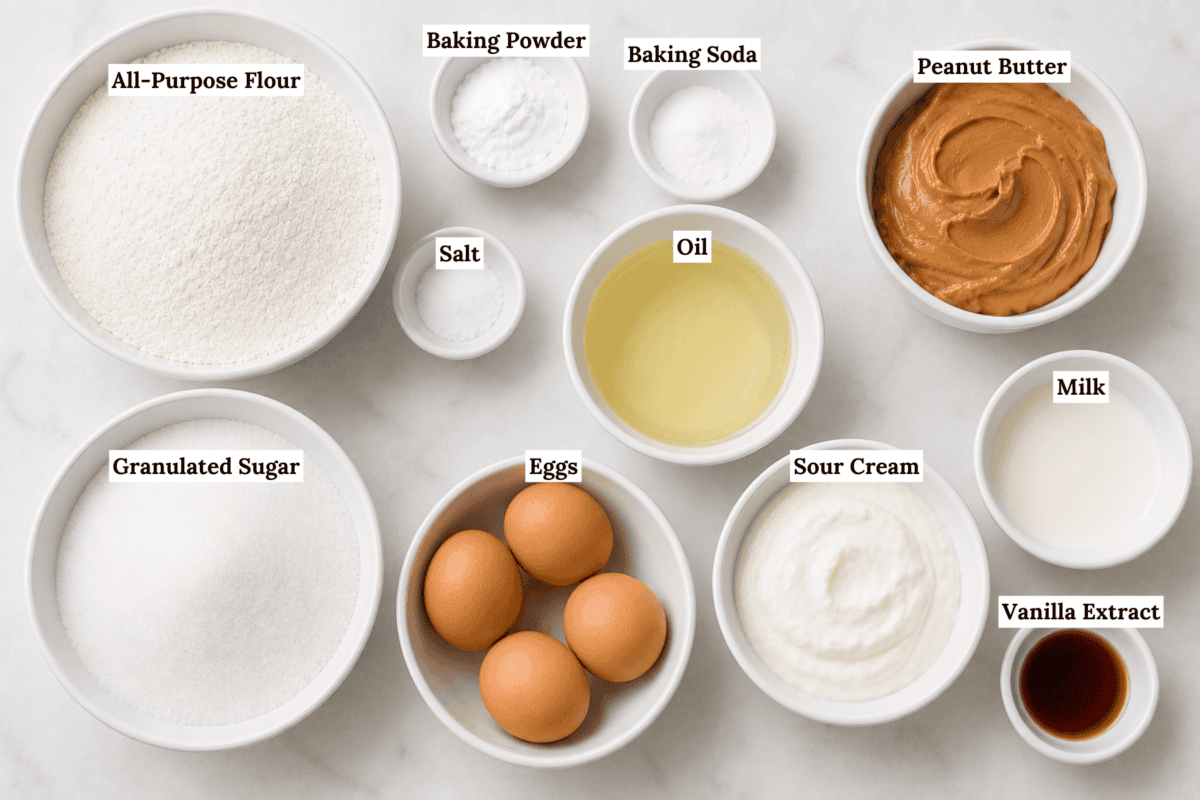 Bowl of flour, sugar, eggs, oil, sour cream, peanut butter, milk, vanilla extract, baking powder, baking soda, and salt, each labeled, arranged on a white countertop.