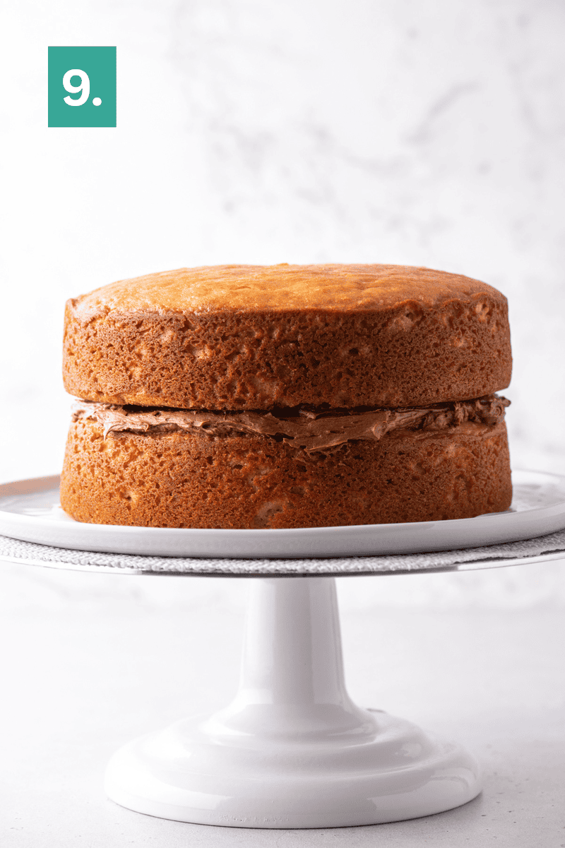 A two-layer sponge cake with chocolate frosting in the middle sits on a white cake stand. A green square with the number 9 appears in the top left corner.