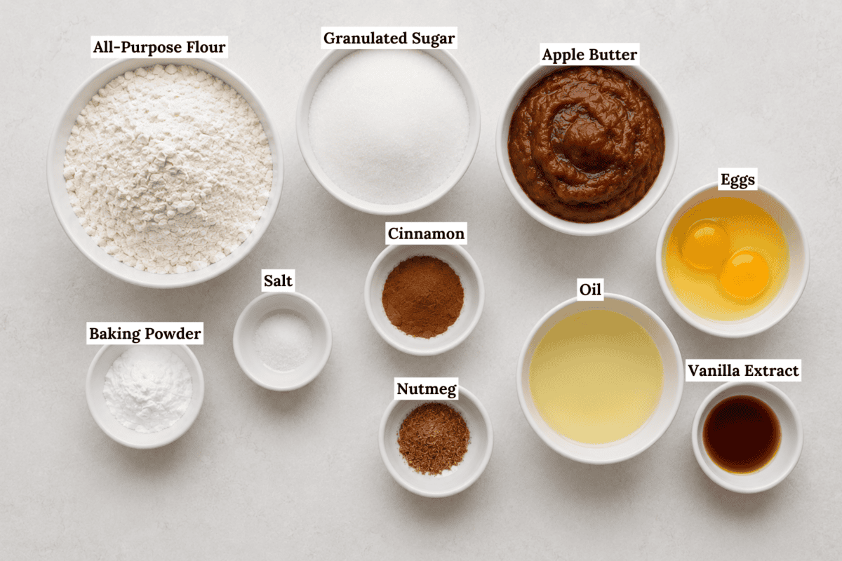 Ten bowls and ramekins containing labeled baking ingredients: flour, sugar, apple butter, eggs, oil, vanilla extract, nutmeg, cinnamon, baking powder, and salt, all arranged on a light surface.
