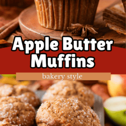 Close-up of bakery-style apple butter muffins topped with sugar crystals, displayed on a wooden board and in a muffin tin, with slices of apple and spices in the background.