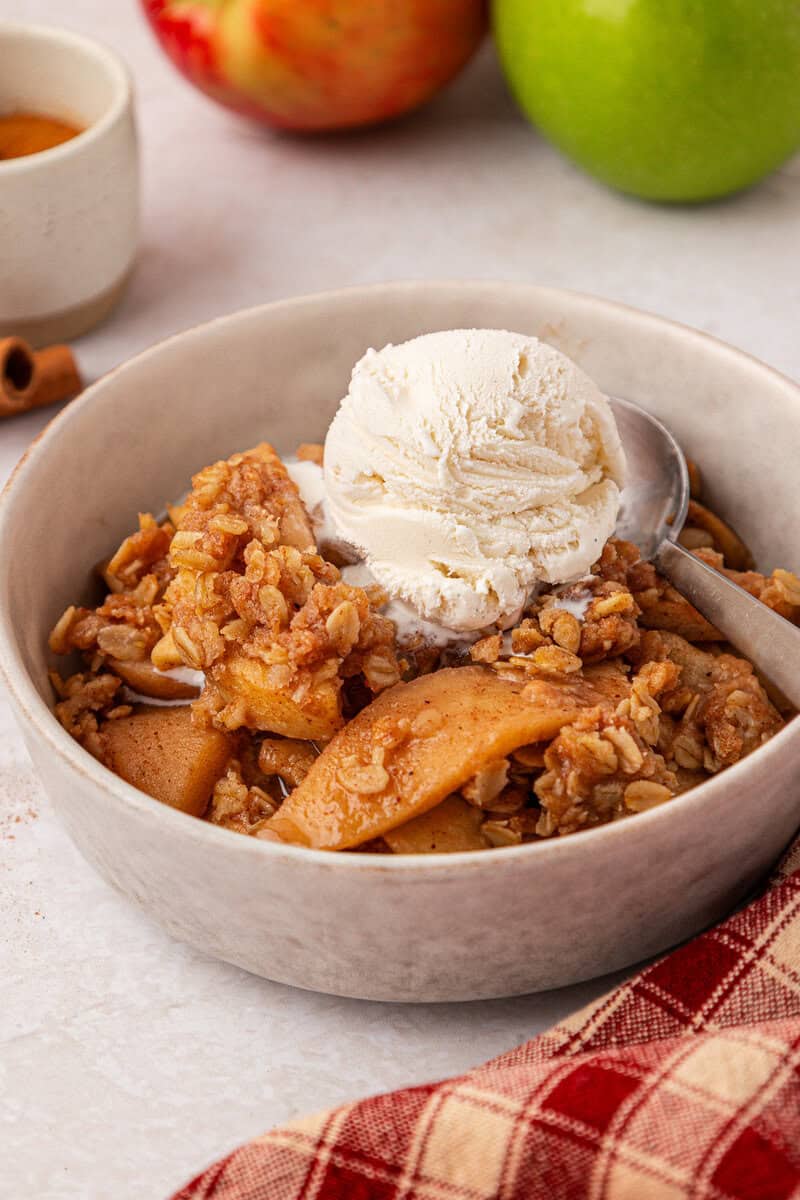 A bowl of apple crisp topped with a scoop of vanilla ice cream, with a spoon on the side. Fresh apples, a cup, and a cinnamon stick are in the background. A red-checked cloth is in the foreground.
