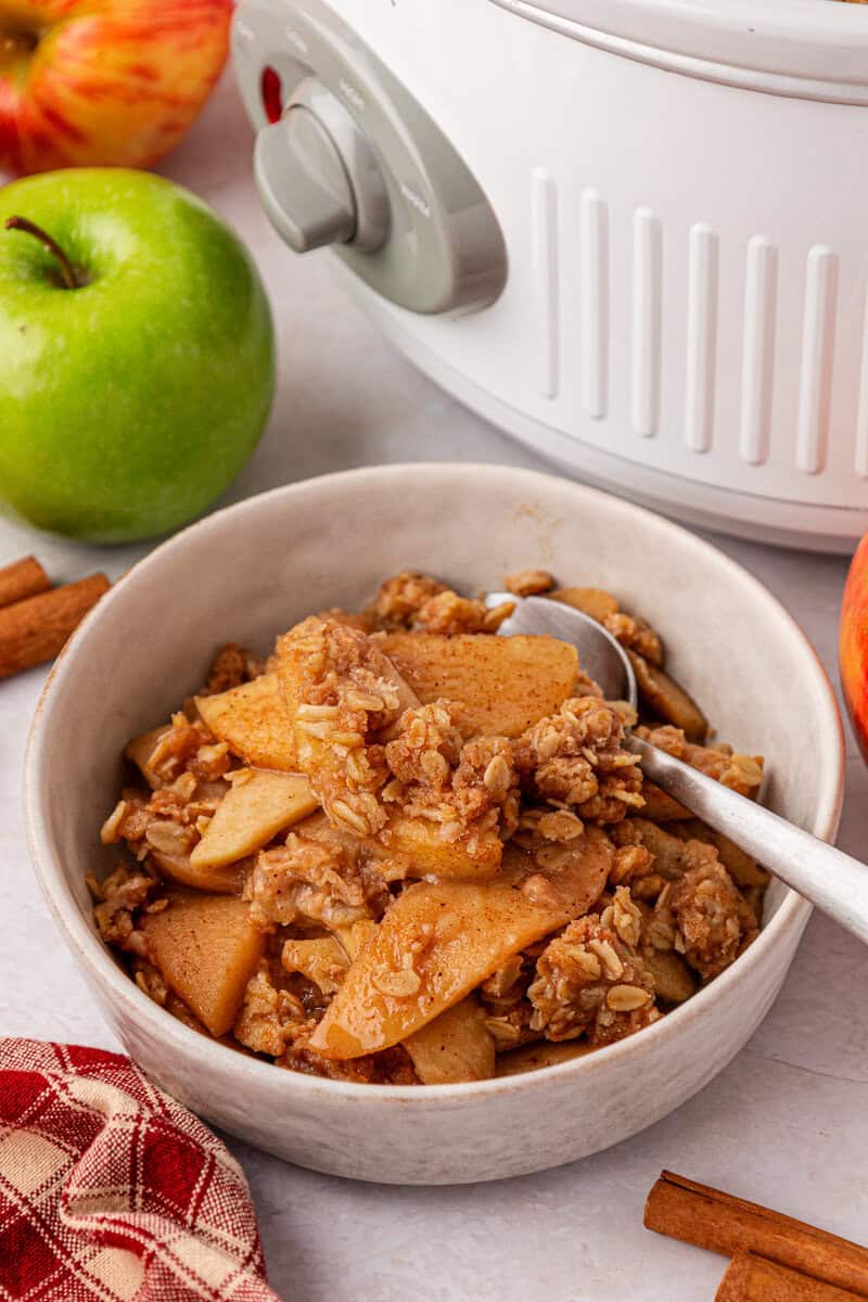 A bowl of apple crisp with a spoon sits in front of a slow cooker, surrounded by fresh apples, cinnamon sticks, and a red checkered cloth.